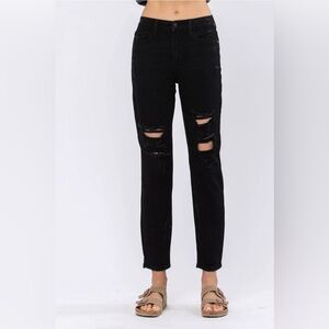 Judy Blue Women’s Black Denim High Waist Distressed Boyfriend Fit Jeans 5/27